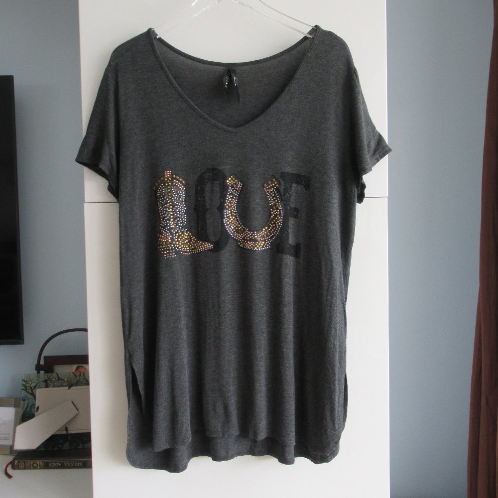 Luna Chix Womens Sz. XL,  V-Neck Short Sleeve Tee, Embellished wording in Gray